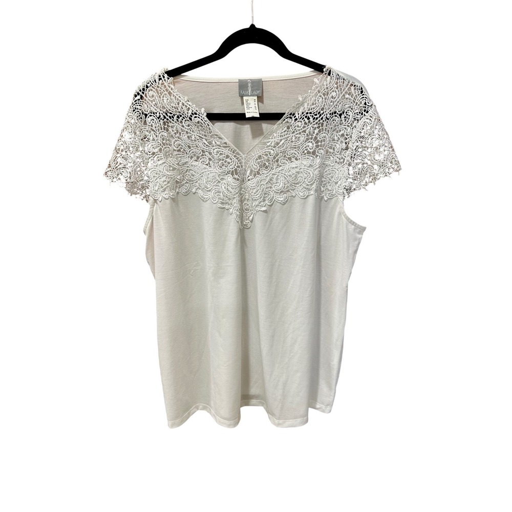 Fair Lady White Lace Crochet V-Neck Short Sleeve Blouse Top USA 16 XL